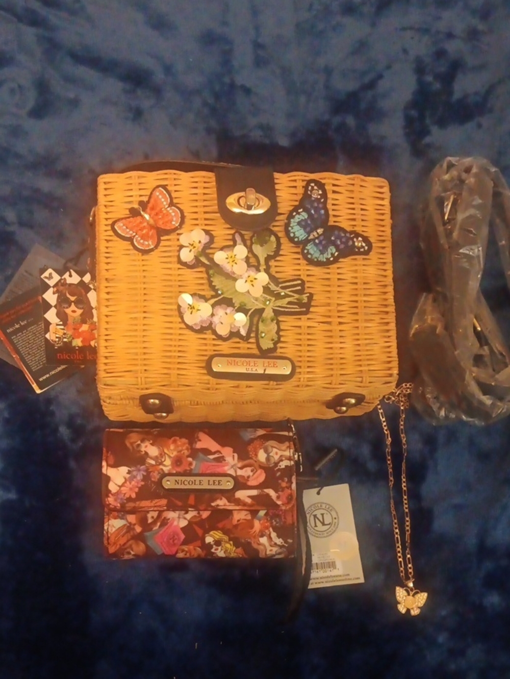 Nicole Lee Yellow Wicker Crossbody Basket Bag with Floral & Butterfly Appliqués